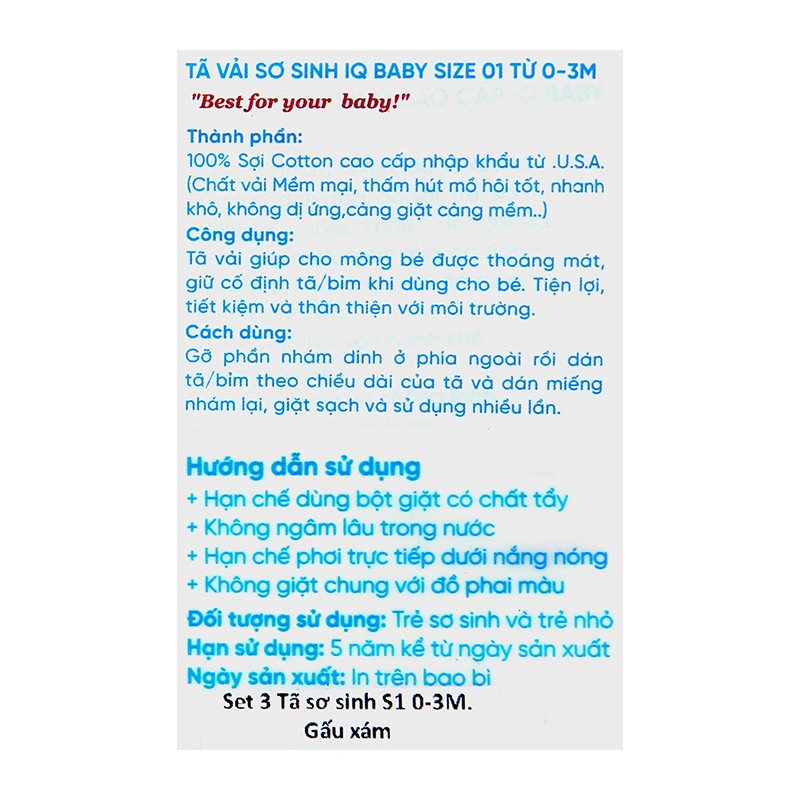 Set 3 tã vải sơ sinh IQ Baby họa tiết gấu xám size S2 (5 - 7 kg) 26