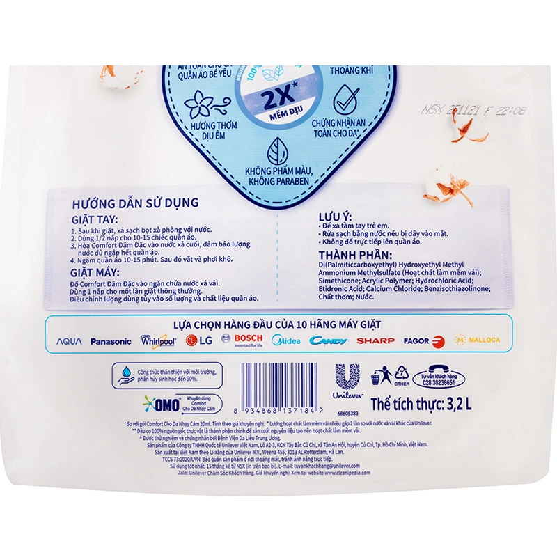 Nước xả quần áo cho bé Comfort cho da nhạy cảm hương phấn dịu nhẹ túi 1.8 lít 19