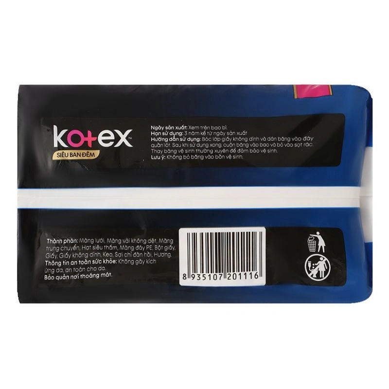 Băng vệ sinh ban đêm Kotex Siêu Ban Đêm chống tràn có cánh 8 miếng 5