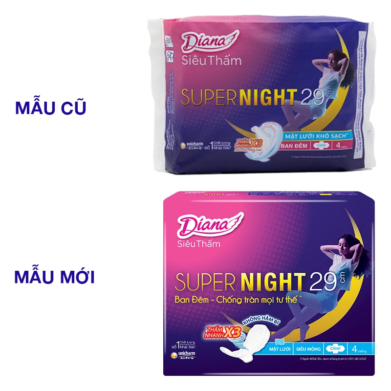 Băng vệ sinh ban đêm Diana Siêu Thấm Super Night chống tràn có cánh 4 miếng 2