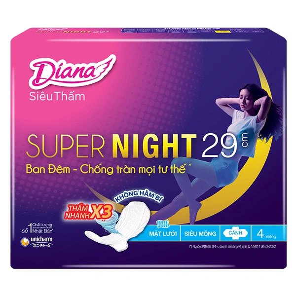 Băng vệ sinh ban đêm Diana Siêu Thấm Super Night chống tràn có cánh 4 miếng 1