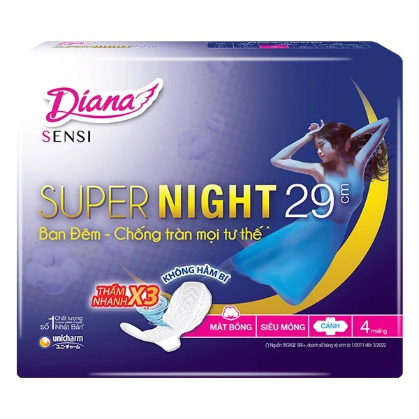 Băng vệ sinh ban đêm Diana Sensi Super Night chống tràn có cánh 4 miếng 1