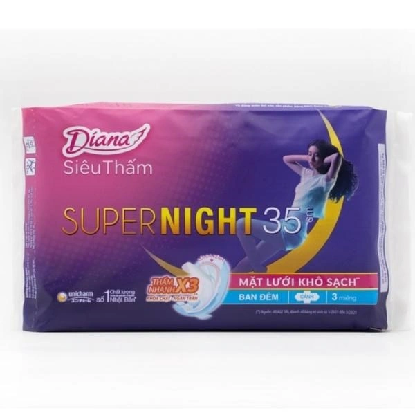 Băng vệ sinh ban đêm Diana Siêu Thấm Super Night chống tràn có cánh 3 miếng 1
