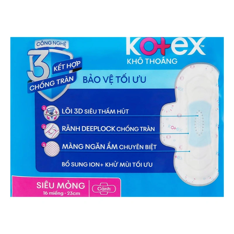 Combo 2 băng vệ sinh ban ngày Kotex Khô Thoáng chống tràn có cánh 16 miếng/bịch 14