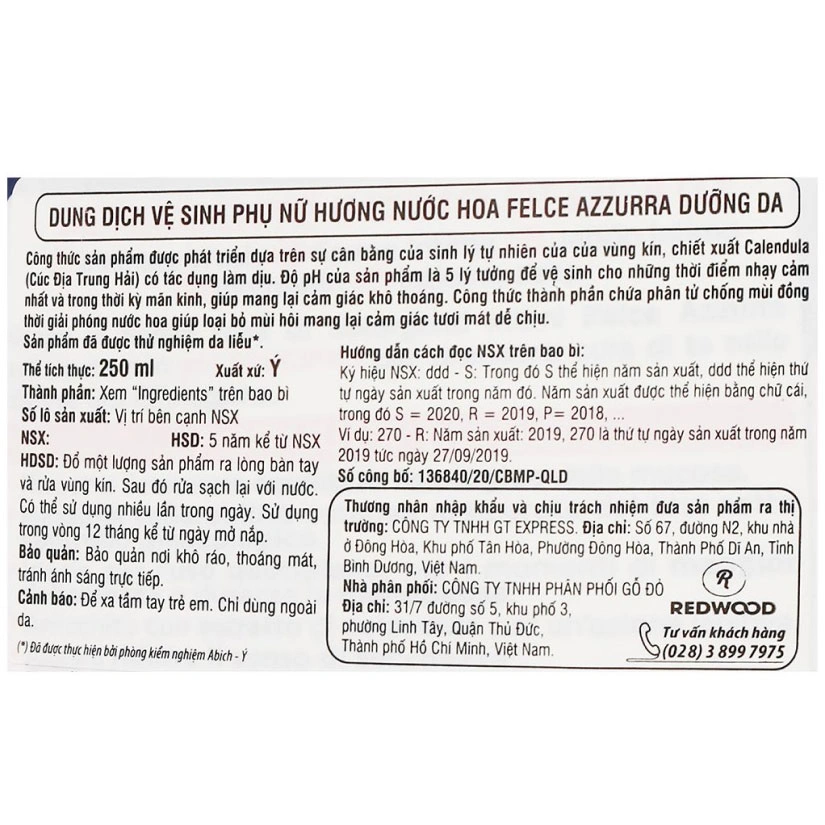 Dung dịch vệ sinh phụ nữ Felce Azzurra pH 5.0 hương nước hoa 250 ml 4
