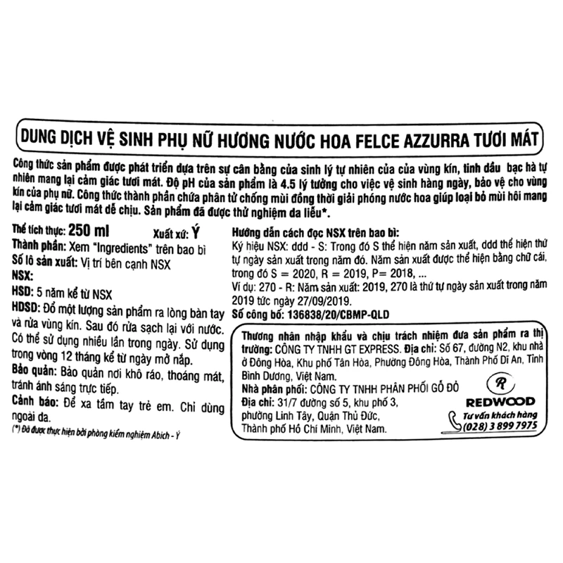 Dung dịch vệ sinh phụ nữ Felce Azzurra pH 5.0 hương nước hoa 250 ml 8