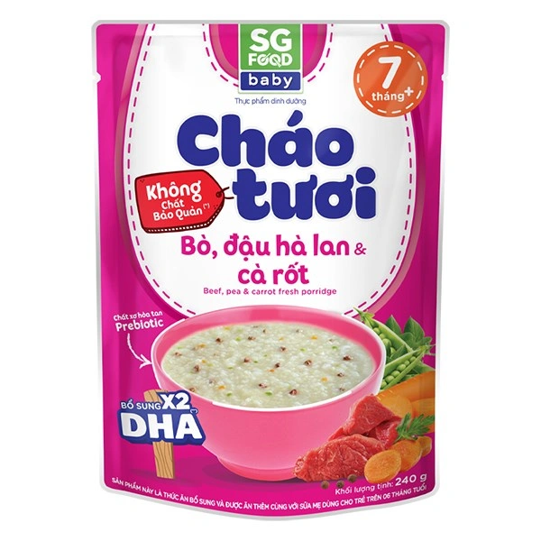 Cháo tươi SG Food Baby vị bò, đậu Hà Lan và cà rốt gói 240g (từ 7 tháng) 1
