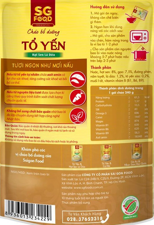 Cháo bổ dưỡng SG Food vị tổ yến, hạt sen và lá dứa gói 240g (từ 10 tháng) 4