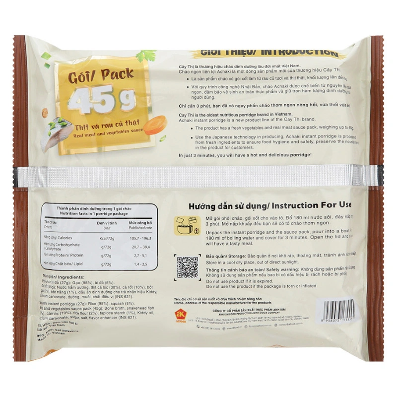Combo 3 gói cháo ăn liền Achaki vị cá lóc, cà rốt 72g (từ 1 tuổi) 9