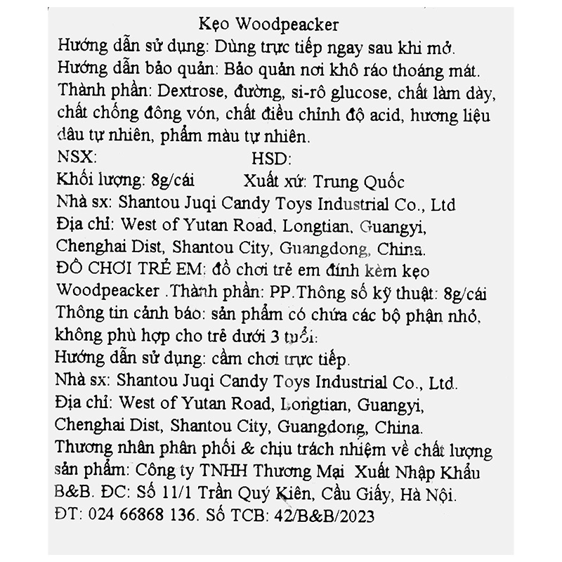 Kẹo đồ chơi chim gõ kiến Shantou Juqi hương dâu hộp 8g (từ 3 tuổi) 8