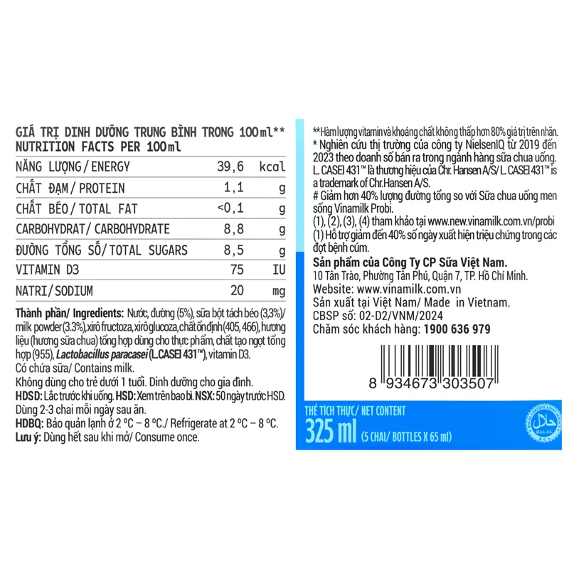 Lốc 5 chai sữa chua uống men sống ít đường Vinamilk Probi 65 ml (từ 1 tuổi) 6