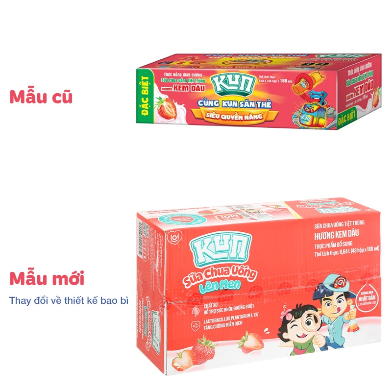 Thùng 48 hộp sữa chua uống tiệt trùng LiF Kun vị kem dâu 180 ml (từ 2 tuổi) - Giao bao bì ngẫu nhiên 2