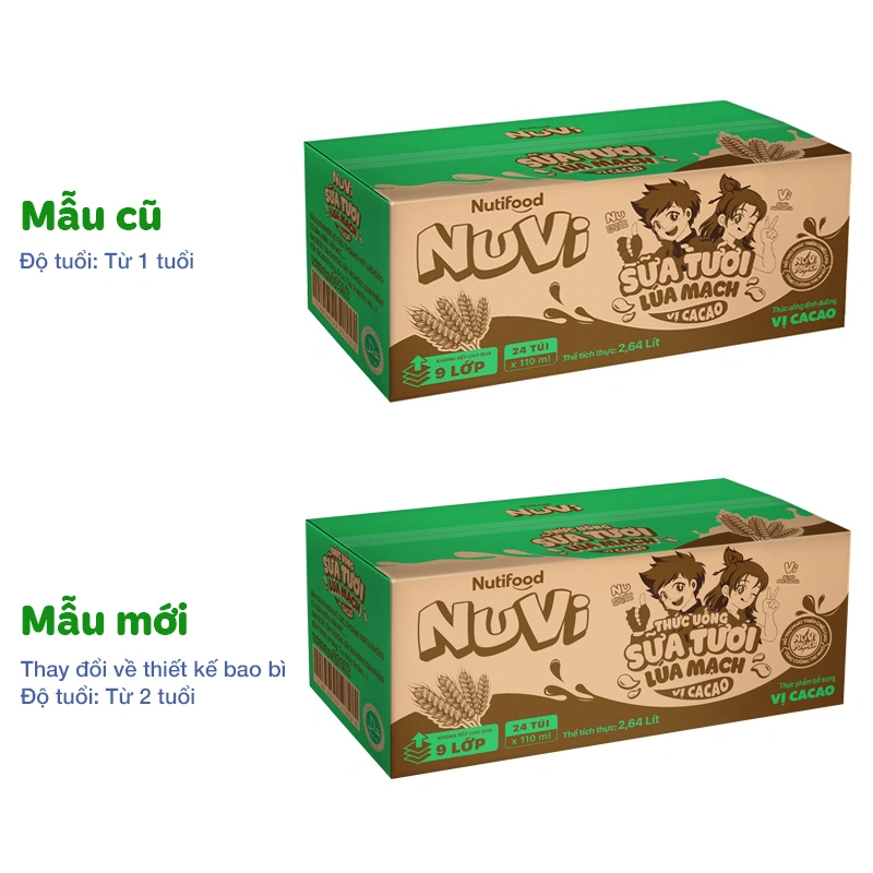 Thùng 24 túi sữa tươi lúa mạch vị cacao Nutifood NuVi 110 ml (từ 2 tuổi) 2