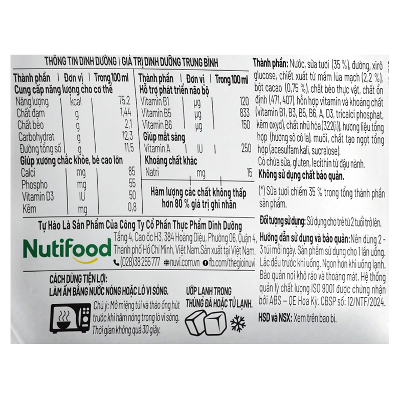 Thùng 24 túi sữa tươi lúa mạch vị cacao Nutifood NuVi 110 ml (từ 2 tuổi) 8