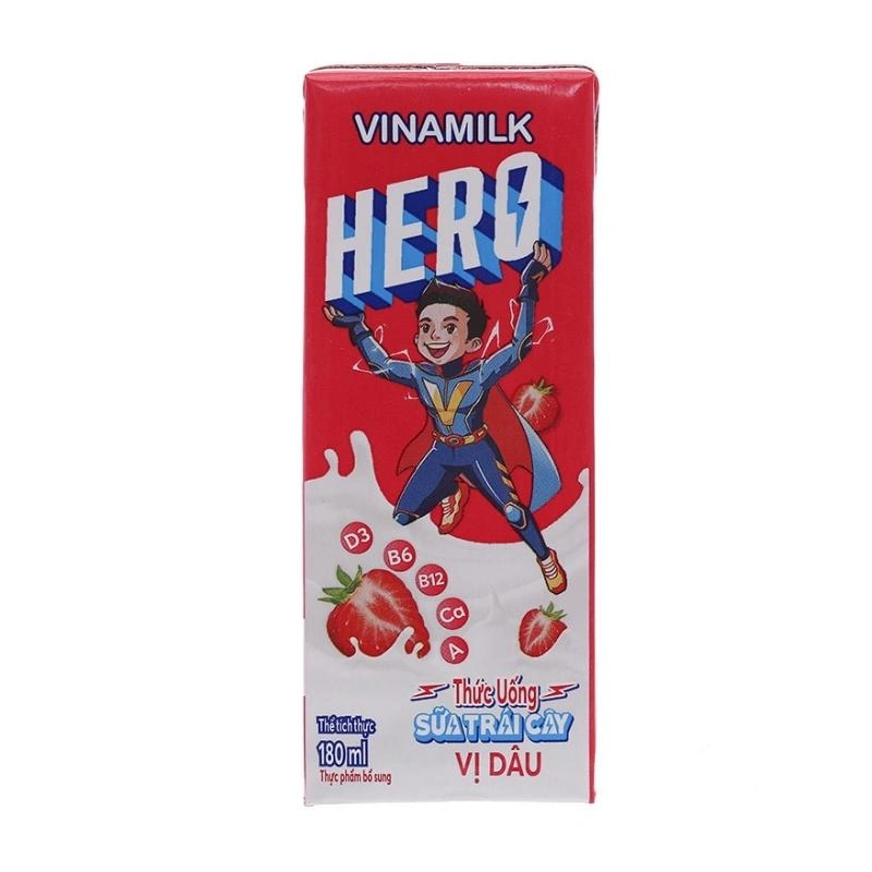 Lốc 4 hộp sữa trái cây Vinamilk Hero hương dâu 180 ml (từ 1 tuổi) 4