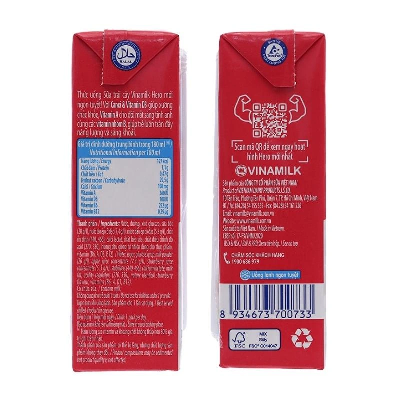 Thùng 48 hộp sữa trái cây Vinamilk Hero hương dâu 180 ml (từ 1 tuổi) 8