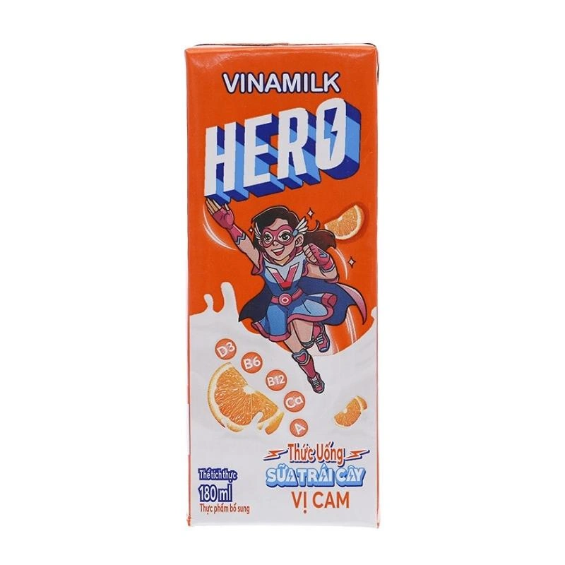 Lốc 4 hộp sữa trái cây Vinamilk Hero hương cam 180 ml (từ 1 tuổi) 4