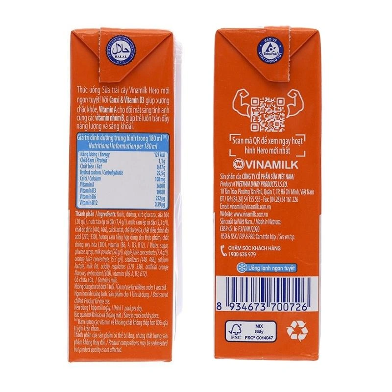 Lốc 4 hộp sữa trái cây Vinamilk Hero hương cam 180 ml (từ 1 tuổi) 6