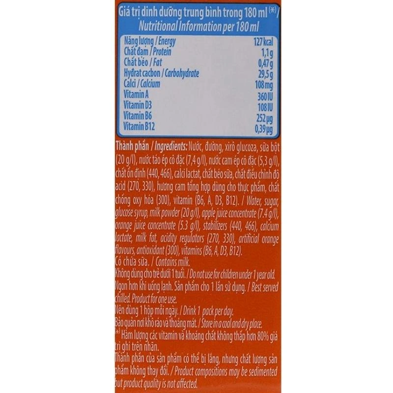 Lốc 4 hộp sữa trái cây Vinamilk Hero hương cam 180 ml (từ 1 tuổi) 20