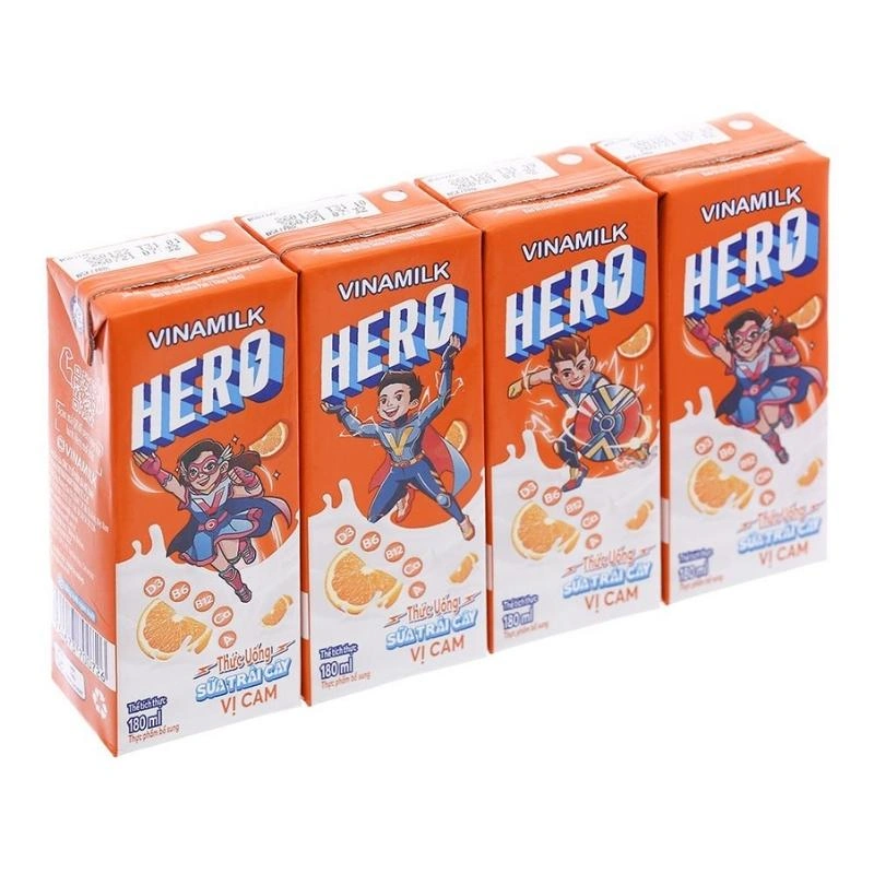 Lốc 4 hộp sữa trái cây Vinamilk Hero hương cam 180 ml (từ 1 tuổi) 12