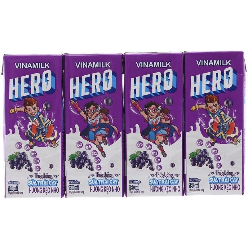 Lốc 4 hộp sữa trái cây Vinamilk Hero hương kẹo nho 180 ml (từ 1 tuổi) 2