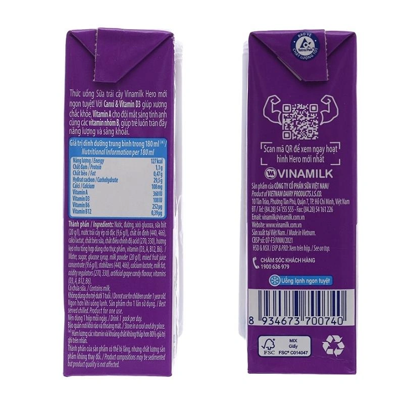 Lốc 4 hộp sữa trái cây Vinamilk Hero hương kẹo nho 180 ml (từ 1 tuổi) 16