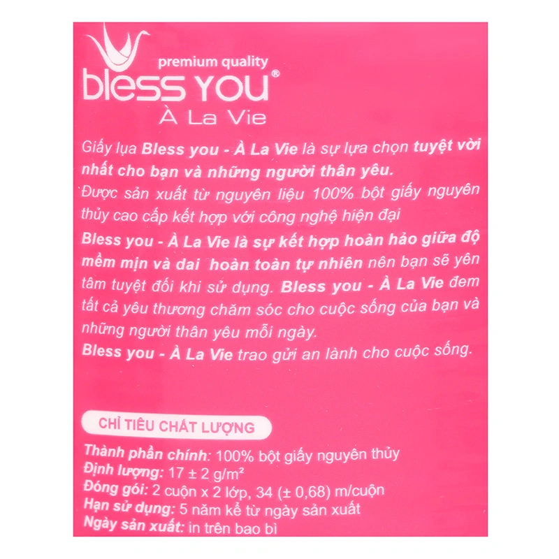 Lốc 10 cuộn giấy vệ sinh Bless You À La Vie không mùi 2 lớp 5