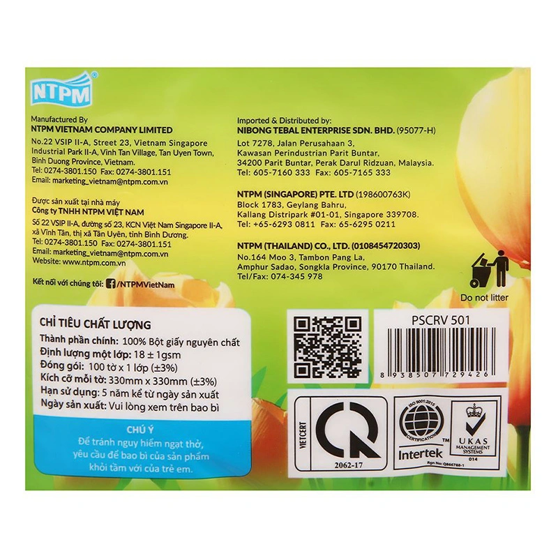 Gói 100 tờ khăn giấy ăn PREMIER VinaTissue không mùi 1 lớp 4