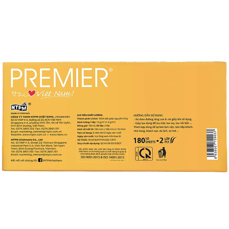 Hộp 180 tờ khăn giấy lụa PREMIER không mùi 2 lớp 2