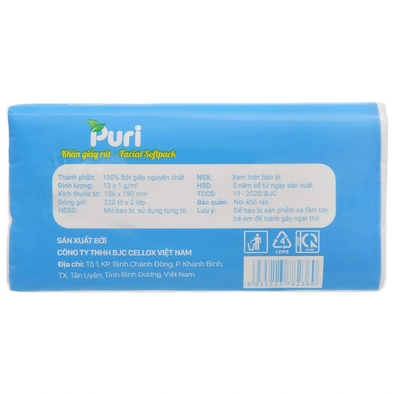 Hộp 180 tờ khăn giấy lau mặt Puri không mùi 2 lớp 13