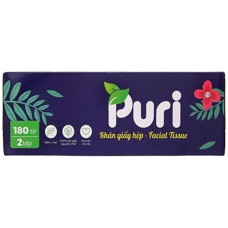 Hộp 180 tờ khăn giấy lau mặt Puri không mùi 2 lớp 4