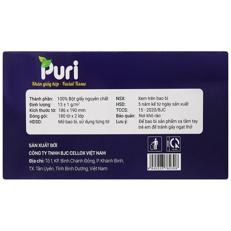 Hộp 180 tờ khăn giấy lau mặt Puri không mùi 2 lớp 3