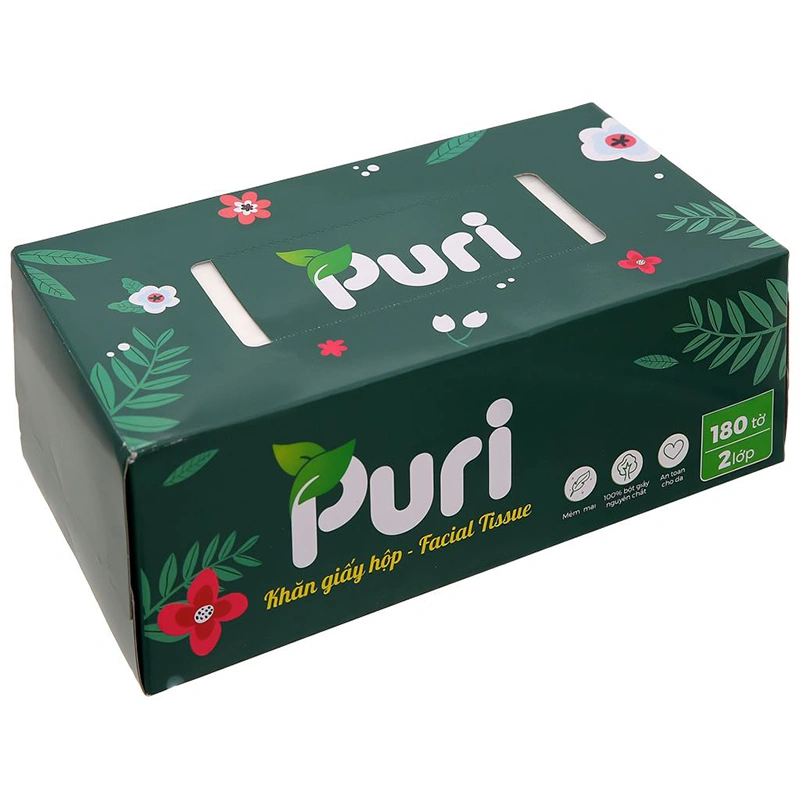 Hộp 180 tờ khăn giấy lau mặt Puri không mùi 2 lớp 6