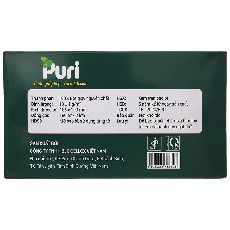 Hộp 180 tờ khăn giấy lau mặt Puri không mùi 2 lớp 8