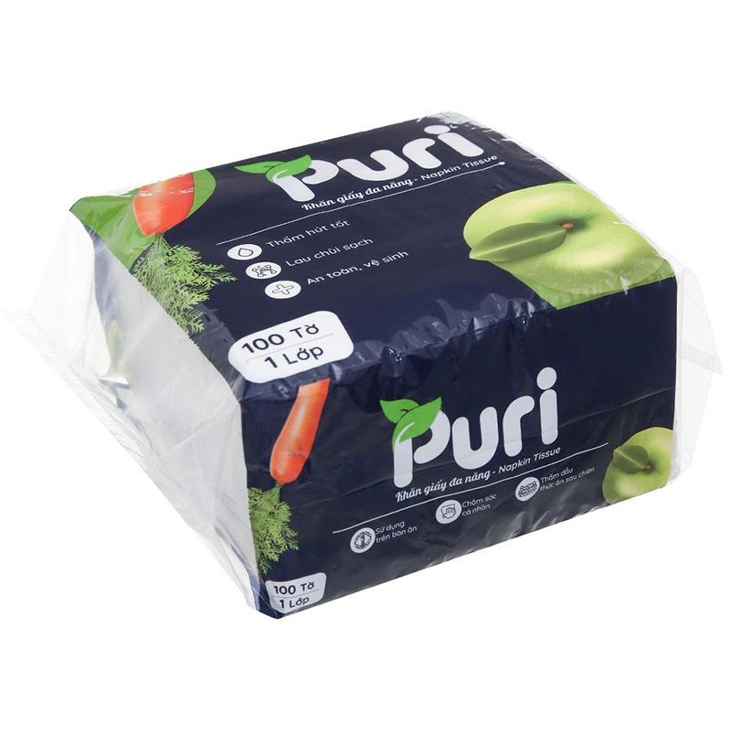Gói 100 tờ khăn giấy ăn Puri không mùi 1 lớp 1