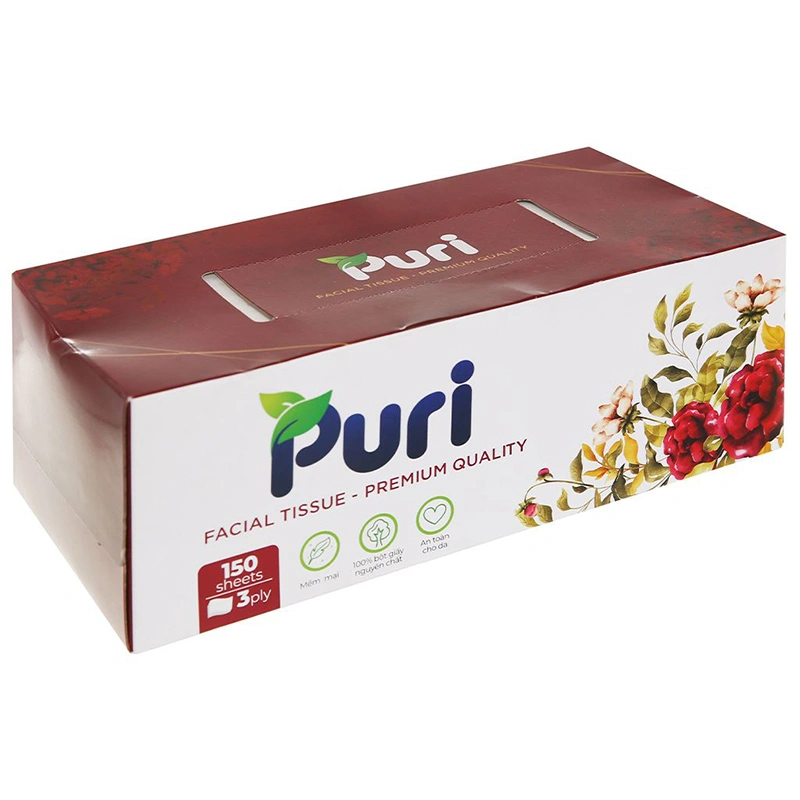 Hộp 150 tờ khăn giấy lau mặt Puri không mùi 3 lớp 5