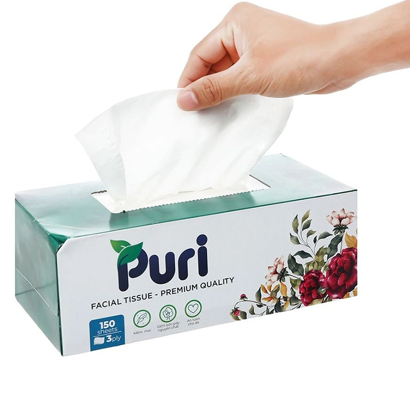 Hộp 150 tờ khăn giấy lau mặt Puri không mùi 3 lớp 4