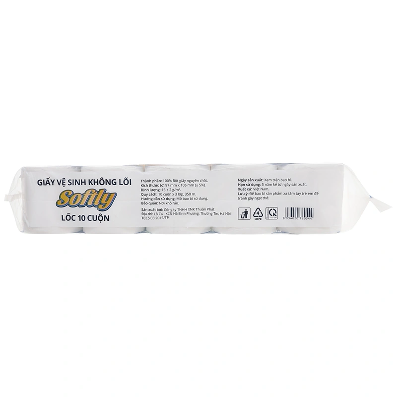 Lốc 6 cuộn giấy vệ sinh không lõi Softly không mùi 3 lớp 9
