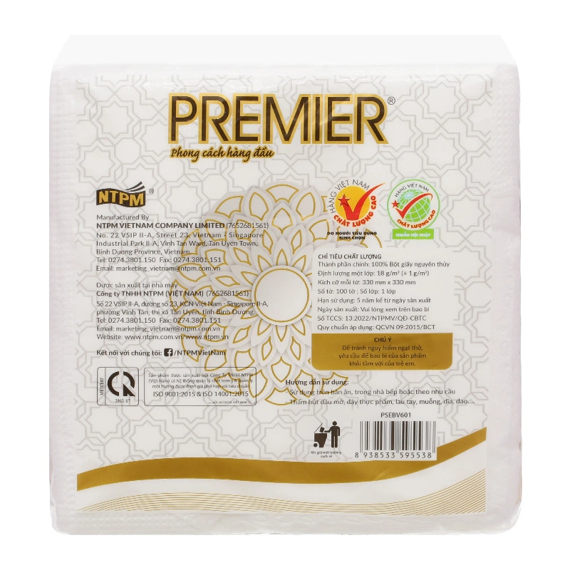 Gói 100 tờ khăn giấy ăn PREMIER không mùi 1 lớp 2