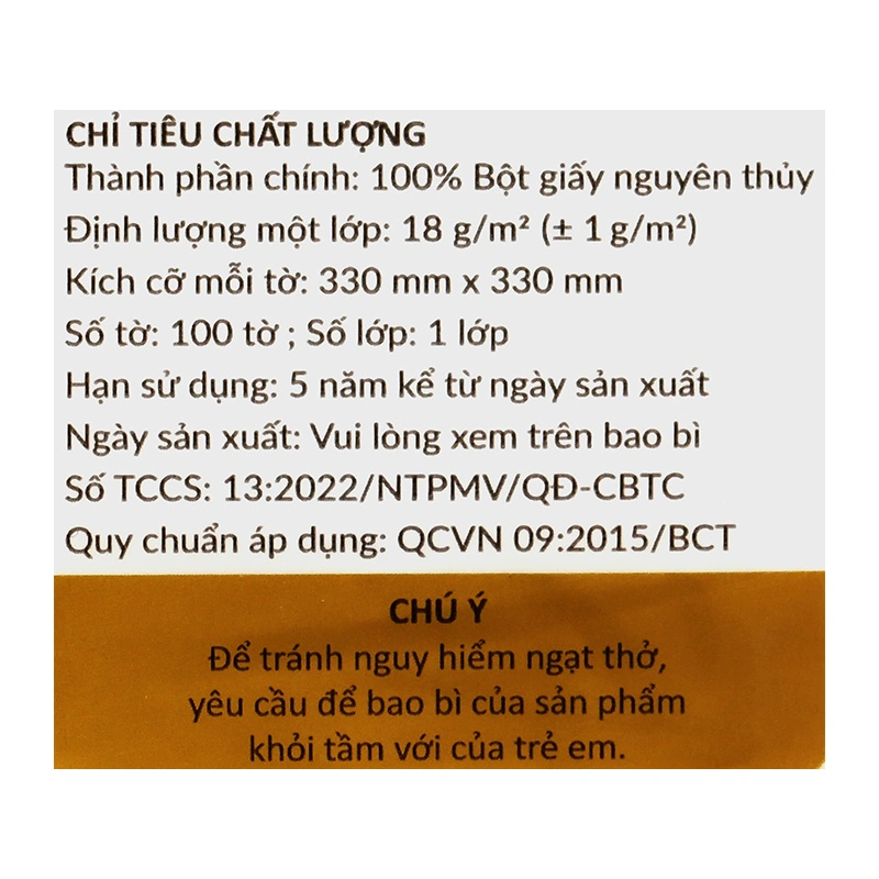 Gói 100 tờ khăn giấy ăn PREMIER không mùi 1 lớp 6
