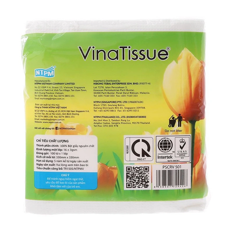 Gói 100 tờ khăn giấy ăn PREMIER VinaTissue không mùi 1 lớp 5
