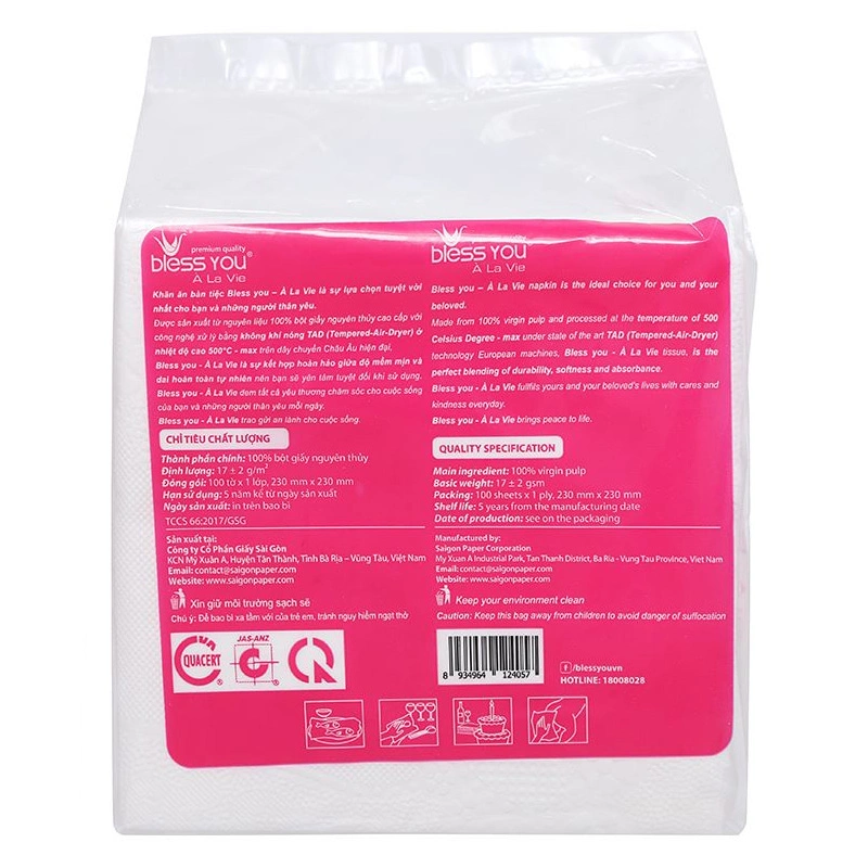 Gói 100 tờ khăn giấy ăn Bless You À La Vie không mùi 1 lớp 2