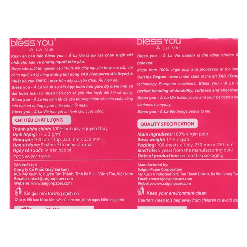 Gói 100 tờ khăn giấy ăn Bless You À La Vie không mùi 1 lớp 7