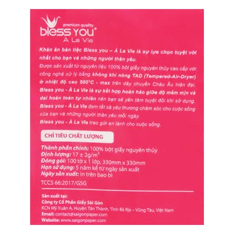 Combo 5 khăn giấy ăn Bless You À La Vie không mùi 1 lớp 33 cm x 33 cm 5