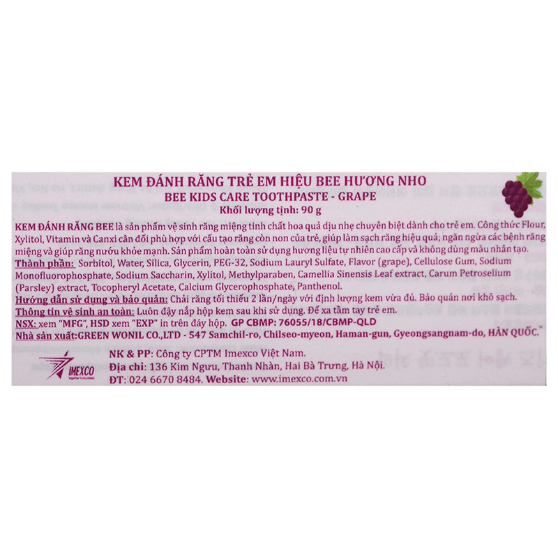 Kem đánh răng cho bé từ 3 tuổi Bee hương nho 90g 6