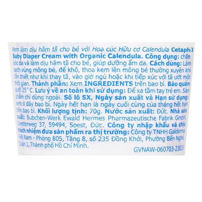 Kem làm dịu và ngừa hăm tã chiết xuất hoa cúc hữu cơ cho bé Cetaphil Baby Diaper Cream 70g 5