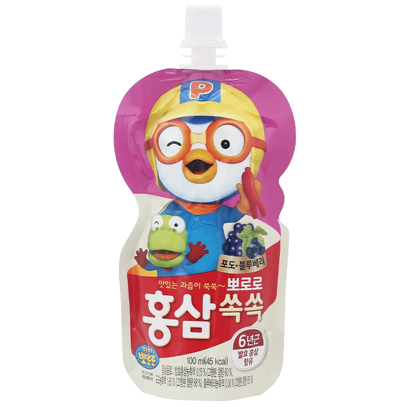 Combo 4 túi nước trái cây Pororo hồng sâm vị nho, việt quất 100 ml (từ 1 tuổi) 2