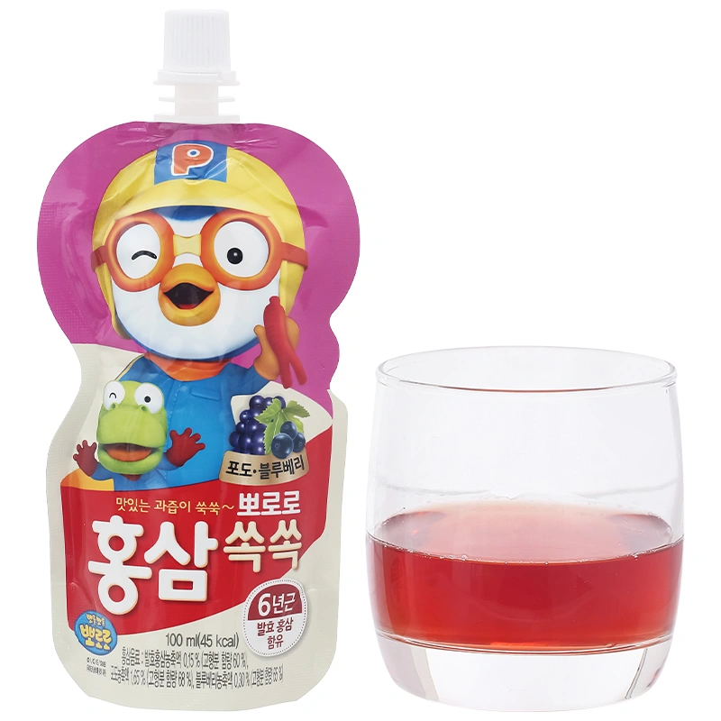 Combo 4 túi nước trái cây Pororo hồng sâm vị nho, việt quất 100 ml (từ 1 tuổi) 4