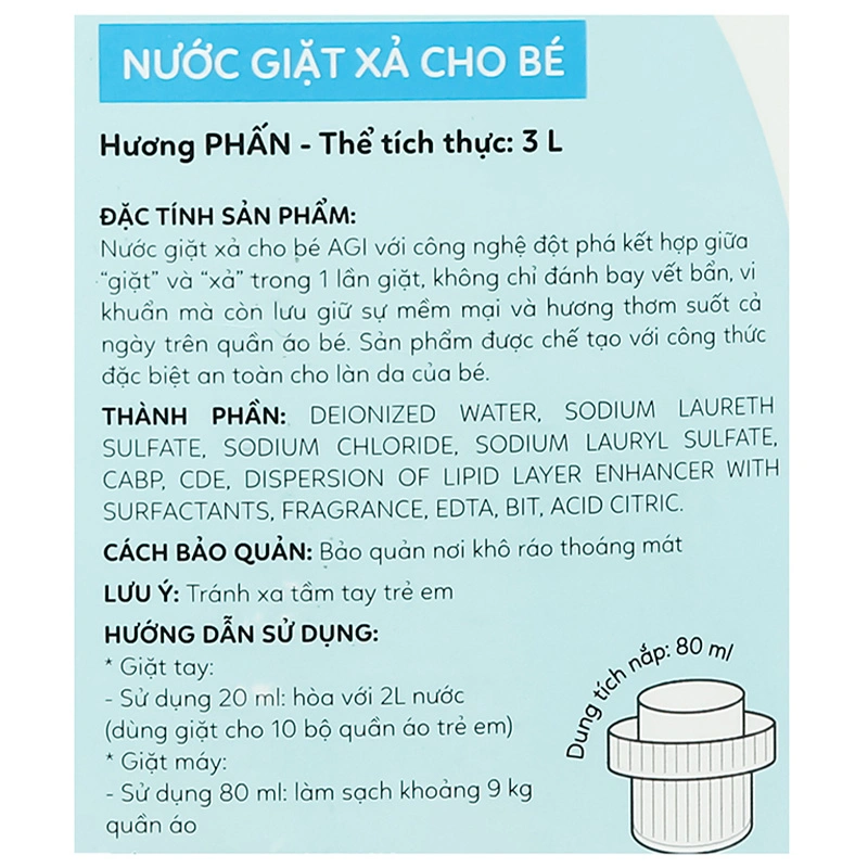 Nước giặt xả quần áo cho bé Agi Xanh hương phấn can 3 lít 4