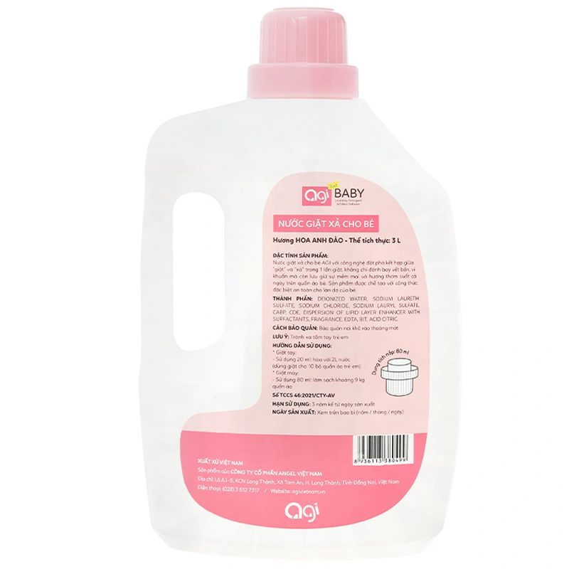 Nước giặt xả quần áo cho bé Agi Hồng hương hoa anh đào can 3 lít 2